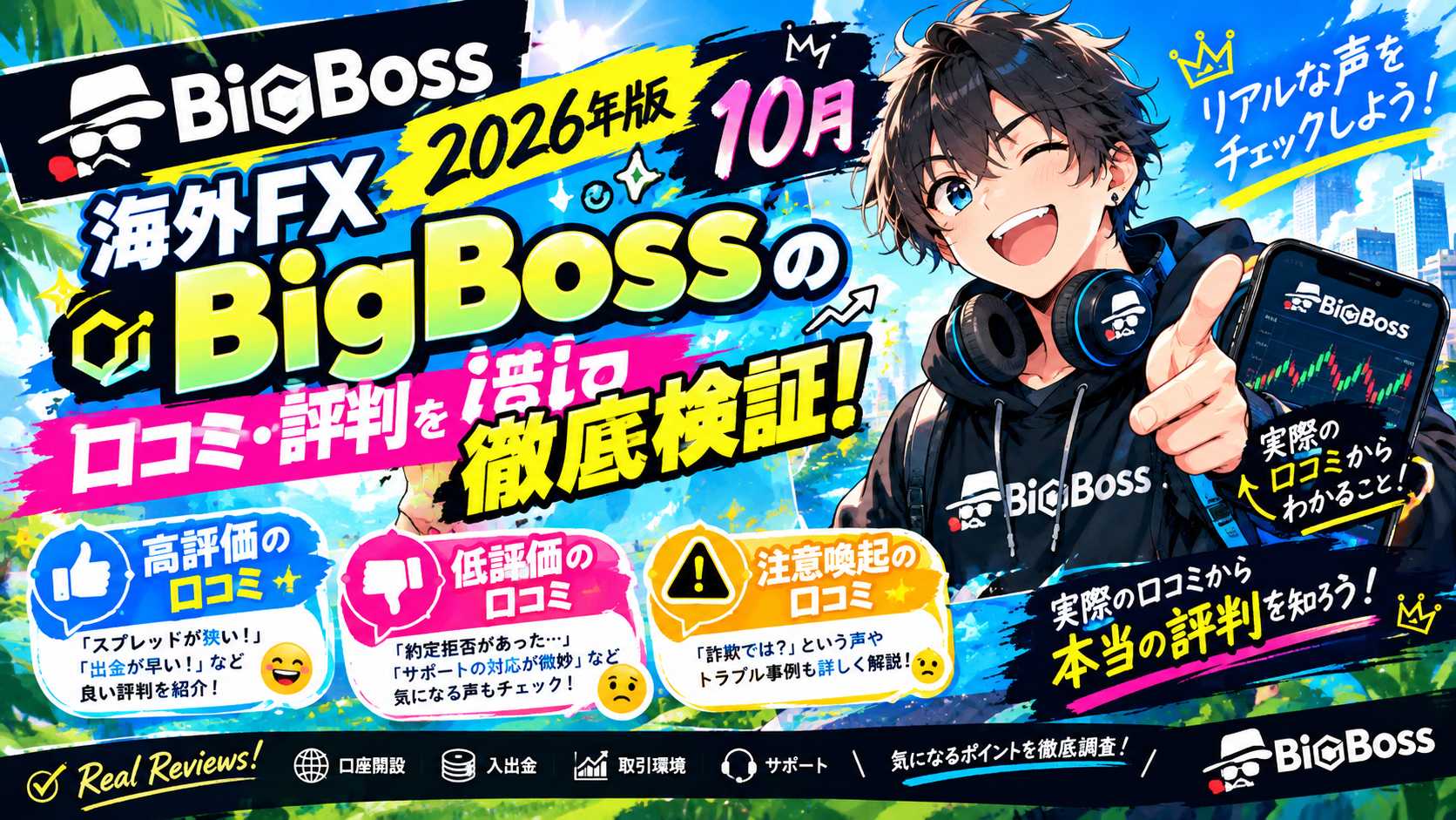 「【2026年版10月】海外FX「BigBoss」の口コミ・評判を徹底検証！高評価・低評価・注意喚起の口コミを分けて解説」のアイキャッチ画像